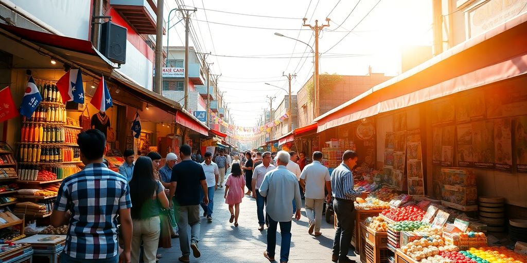 Lively market scene with people and colorful product displays.