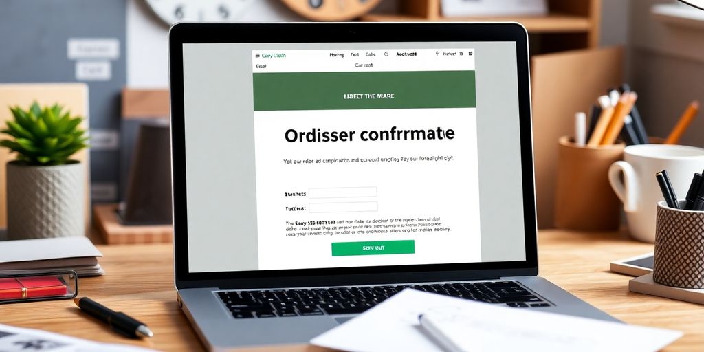 Shopify order confirmation email on a laptop screen.