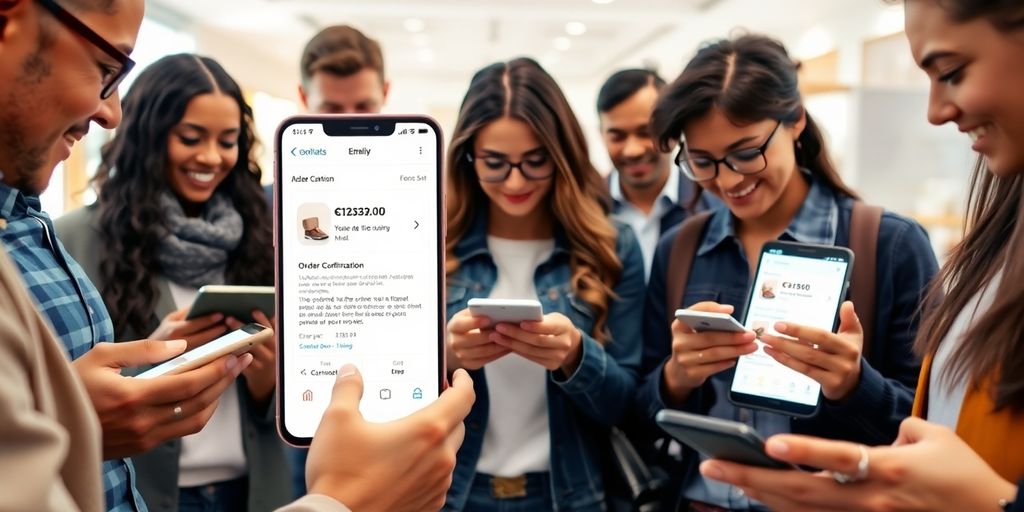 People checking order confirmation emails on smartphones.