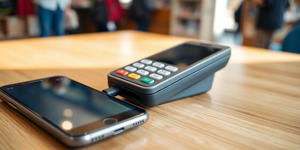 Close-up of a card reader and smartphone on table.