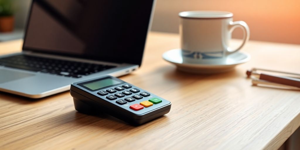 Modern card reader on a wooden countertop with laptop.