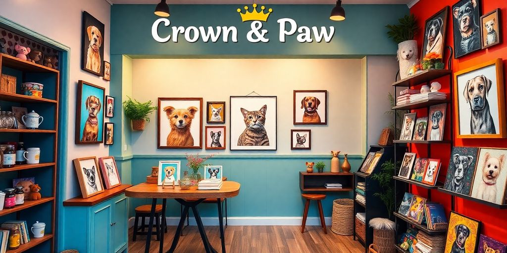 Crown & Paw Shopify store with pet portraits and decor.