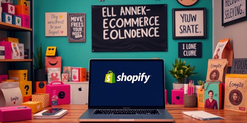 E-commerce workspace with Shopify laptop and colorful products.