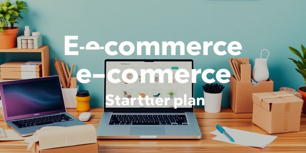 E-commerce workspace with laptop, products, and shipping materials.