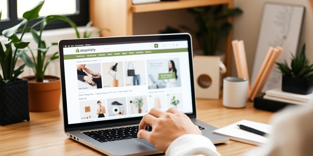Person on laptop finding Shopify store URL.
