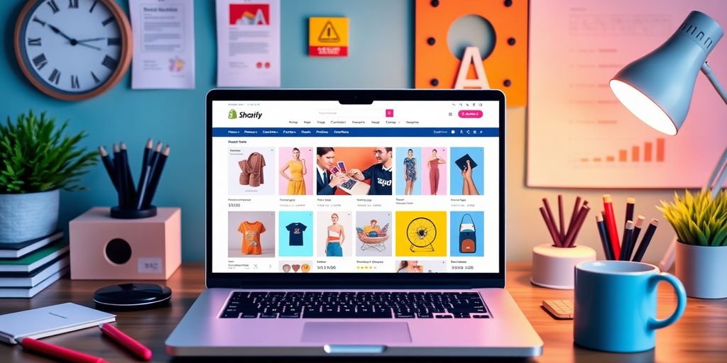 E-commerce workspace with Shopify interface and colorful products.