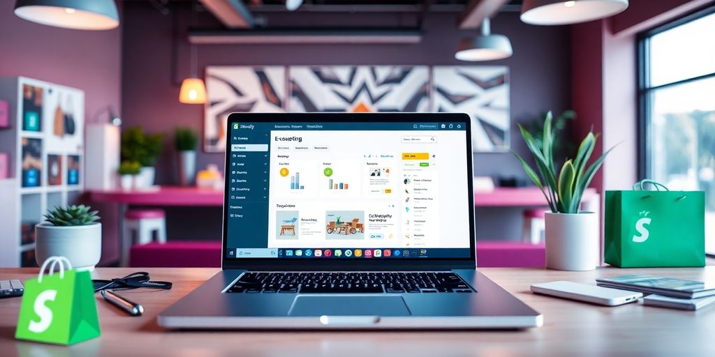 Modern workspace with laptop and Shopify branding elements.