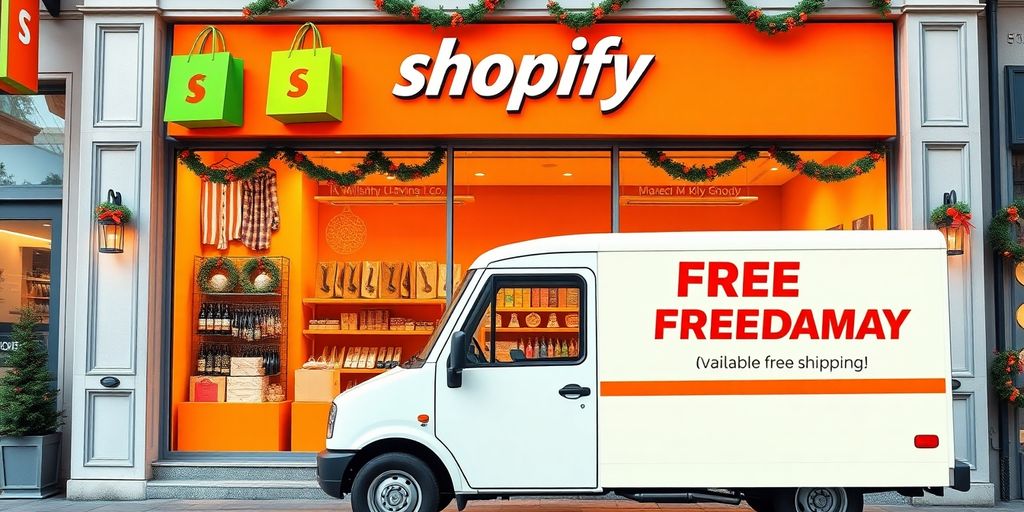 Shopify store with free shipping delivery truck in view.