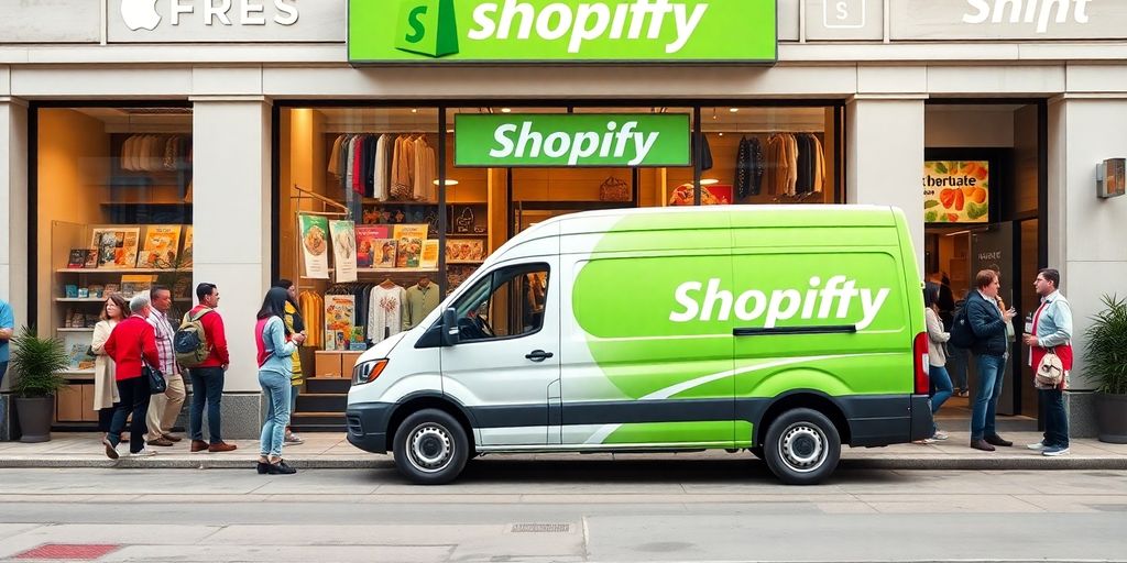 Shopify storefront with delivery van and happy customers.