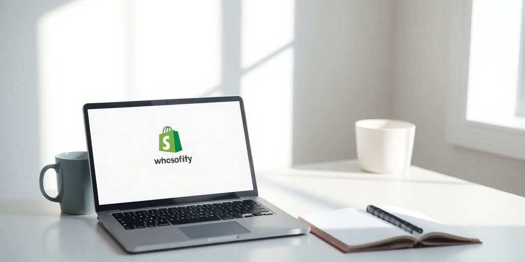 Laptop with Shopify logo and empty notebook on desk.