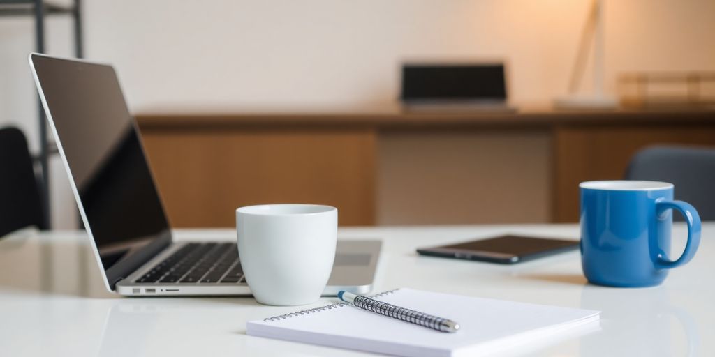 A professional workspace with a laptop and coffee.