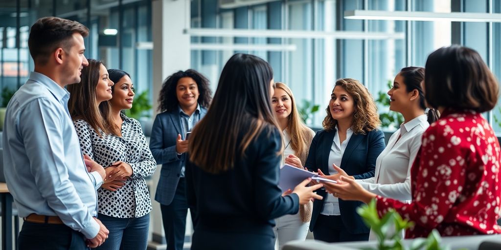 Diverse team collaborating in a modern office space.