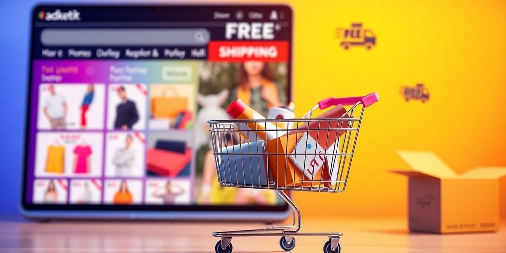 Shopping cart filled with products for free shipping.