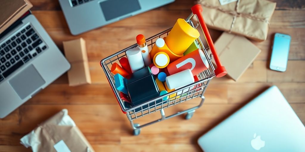 Shopping cart filled with products, symbolizing e-commerce success.