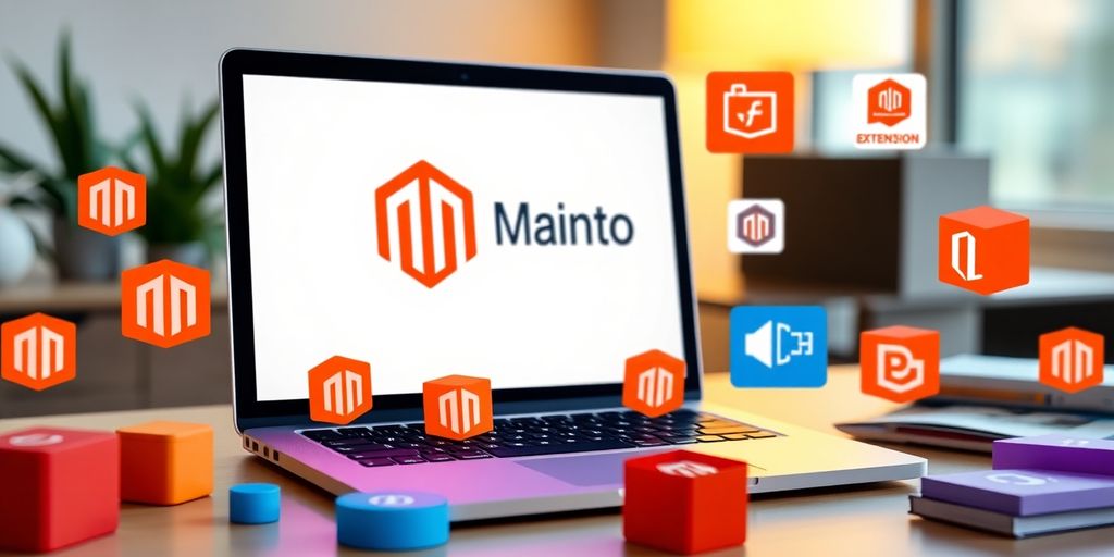 Laptop with Magento logo and extension images around it.