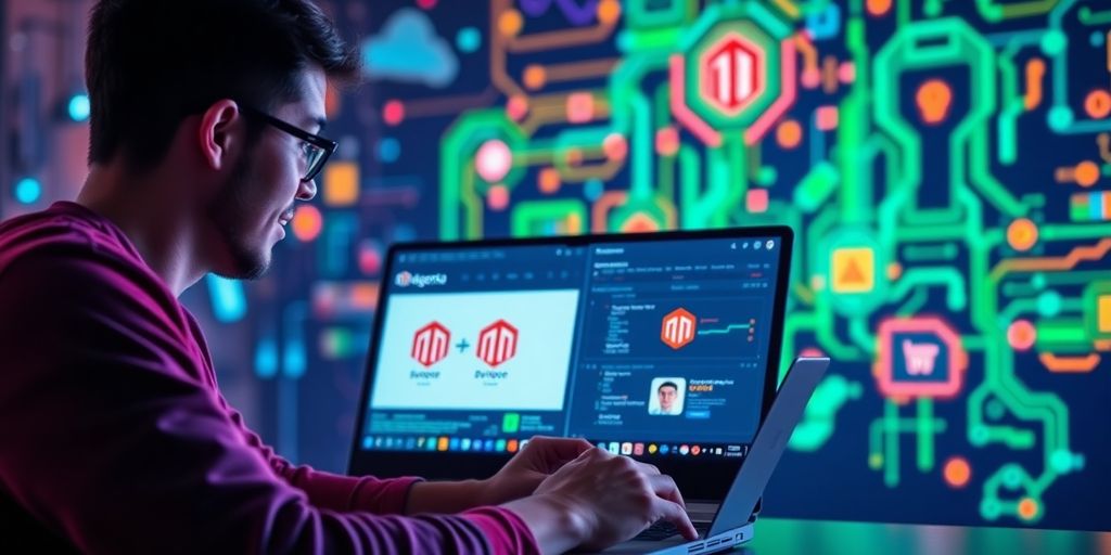 Developer working on Magento extensions at a laptop.