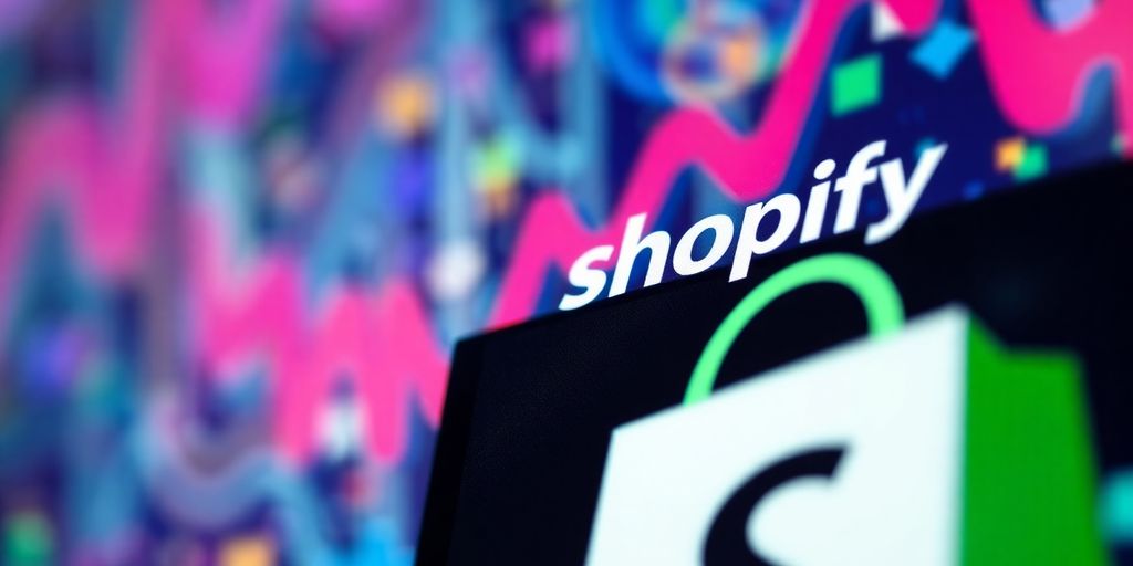 Shopify logo on a colorful background.