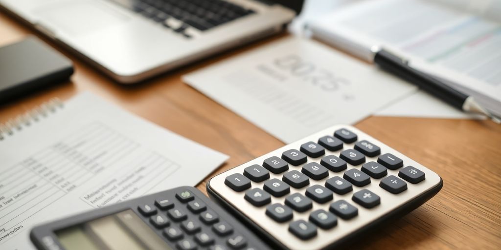 Calculator and laptop on a desk for financial analysis.