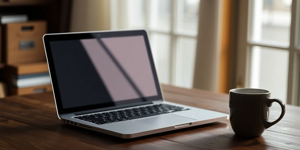Closed laptop and coffee cup on a desk.
