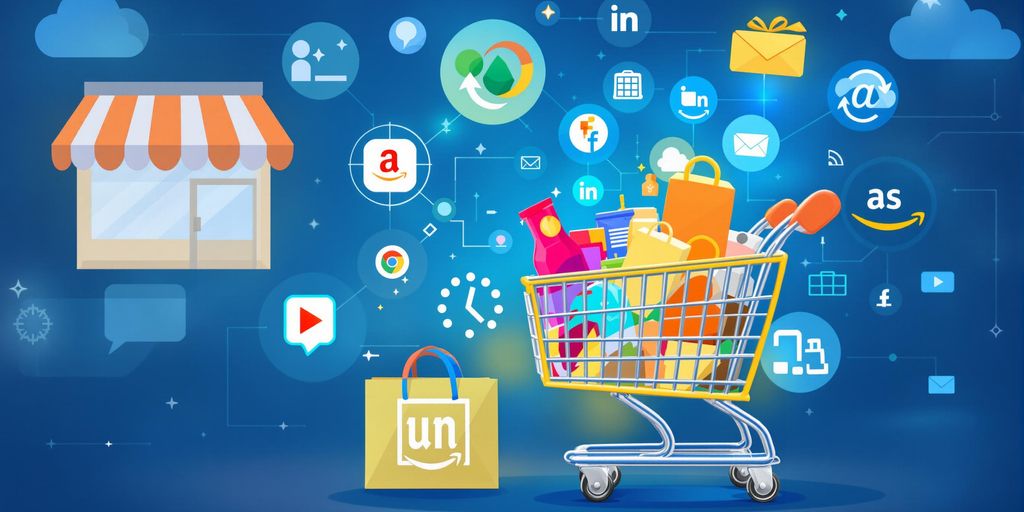 Shopping cart with products and e-commerce icons.