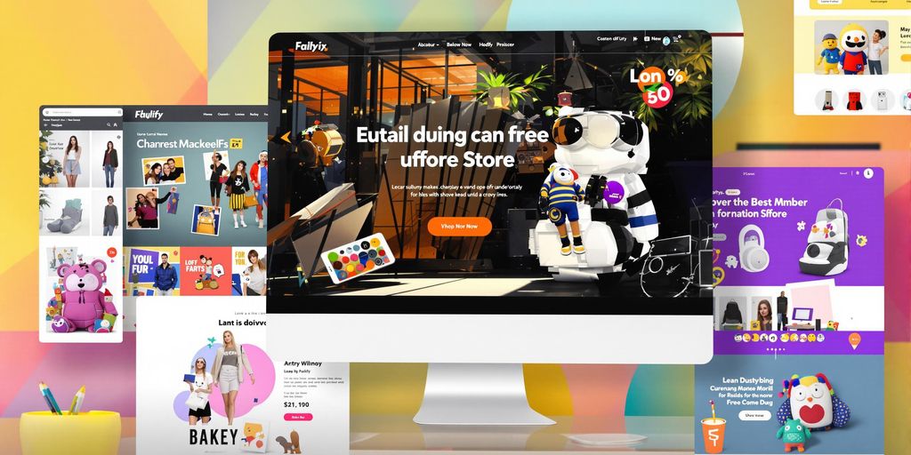 Colorful online store with free Shopify themes displayed.