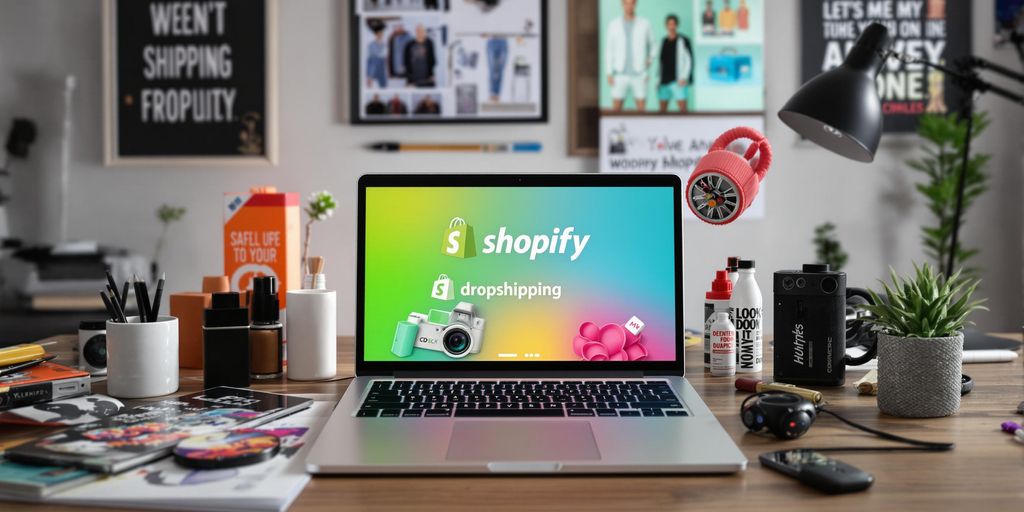Laptop with Shopify interface and diverse products around it.