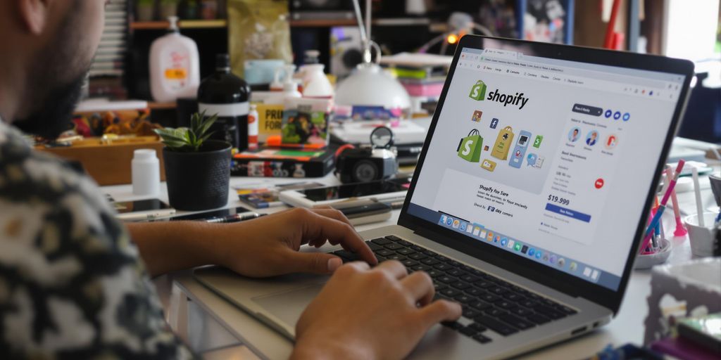 Entrepreneur working on Shopify with products around.
