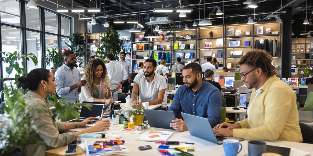 Entrepreneurs collaborating in a modern workspace with products.