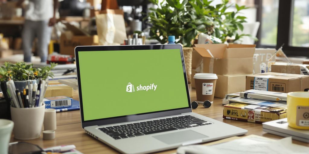Laptop with Shopify and order fulfillment items in workspace.