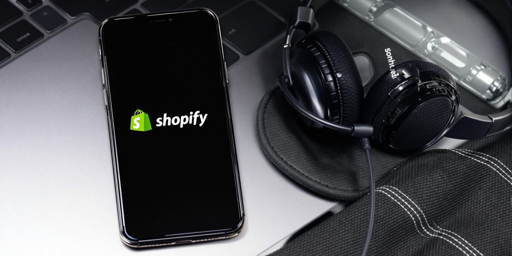 Smartphone with Shopify logo and headset on table.