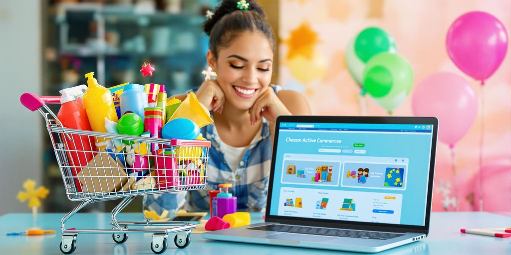E-commerce scene with products and a happy customer.