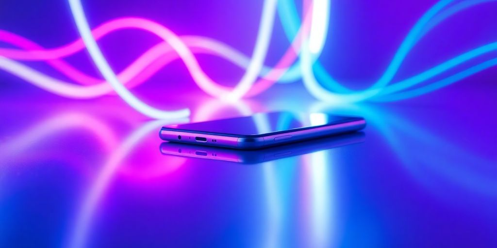 Futuristic smartphone glowing with vibrant neon accents on reflective surface.