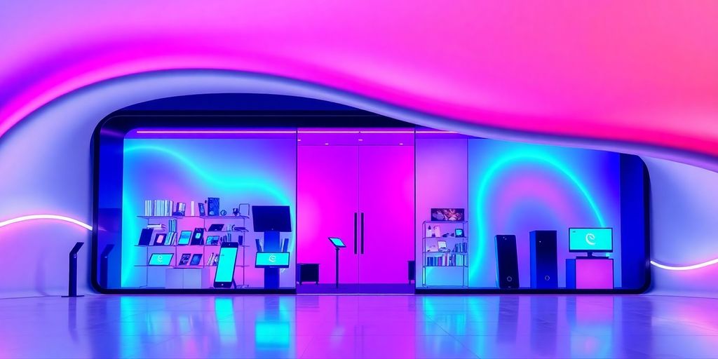 Futuristic dynamic shop scene with neon hues and sleek devices.