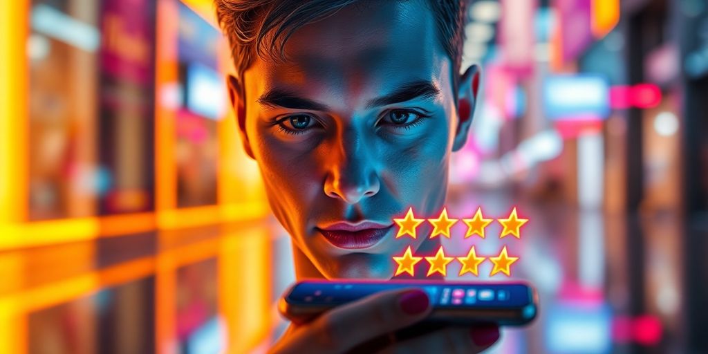 Futuristic smartphone interface displaying vibrant review stars with heartfelt emotion.