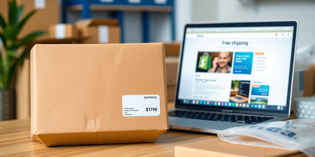 E-commerce package and laptop in a bright workspace.