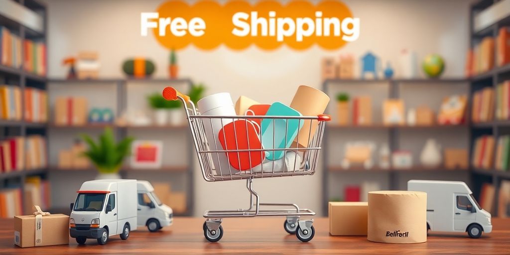 Online store with products and delivery truck icons.
