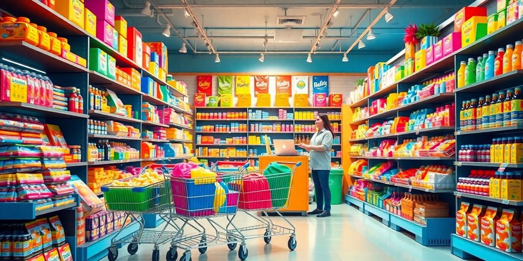 Bright online store with colorful products and shopping carts.