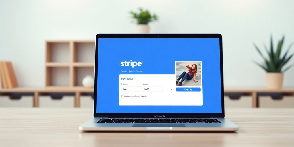 Laptop with Stripe payment interface in a modern workspace.
