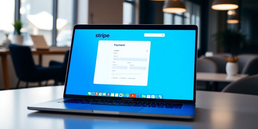 Laptop with Stripe payment interface in a modern workspace.