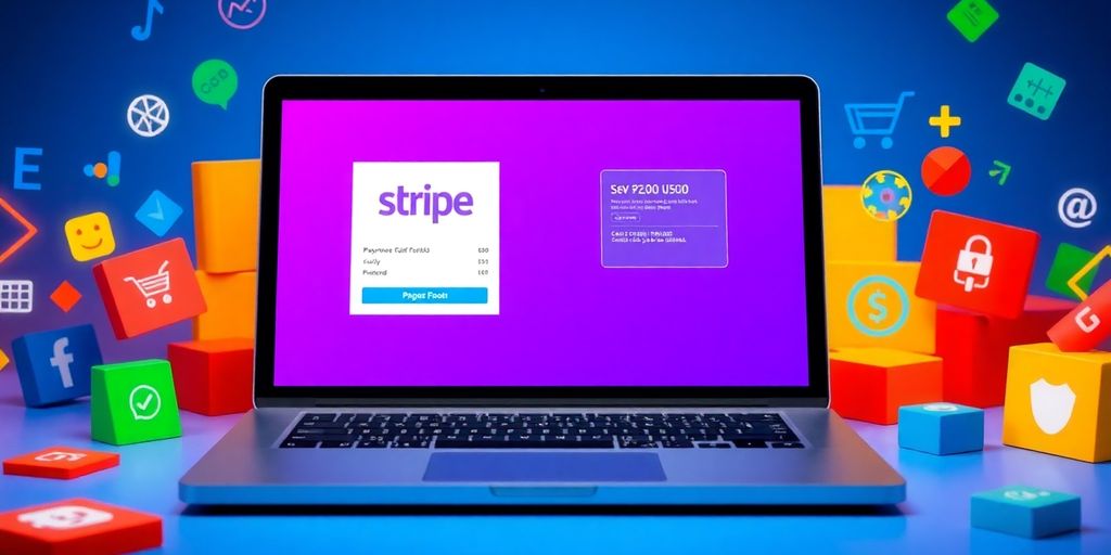 Laptop with Stripe payment interface and digital elements.