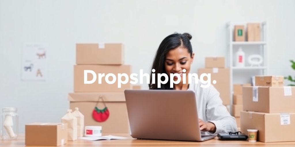 Person working on a laptop with products and boxes.