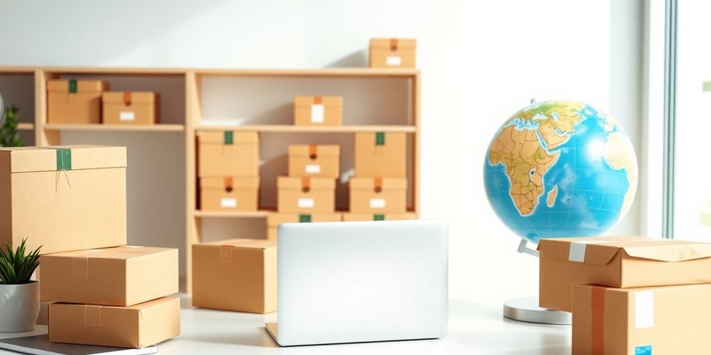 Modern workspace with laptop and shipping boxes for dropshipping.