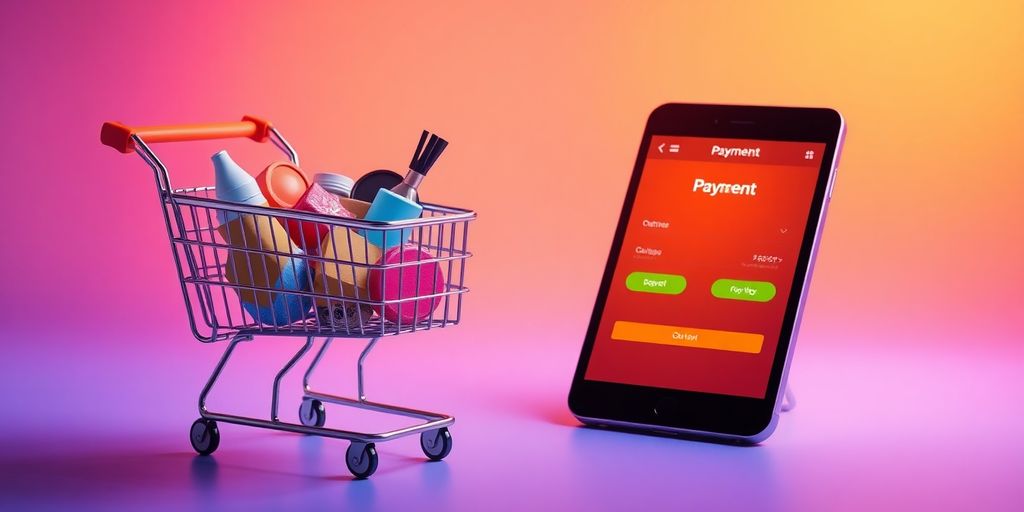 Shopping cart with items and digital payment interface.