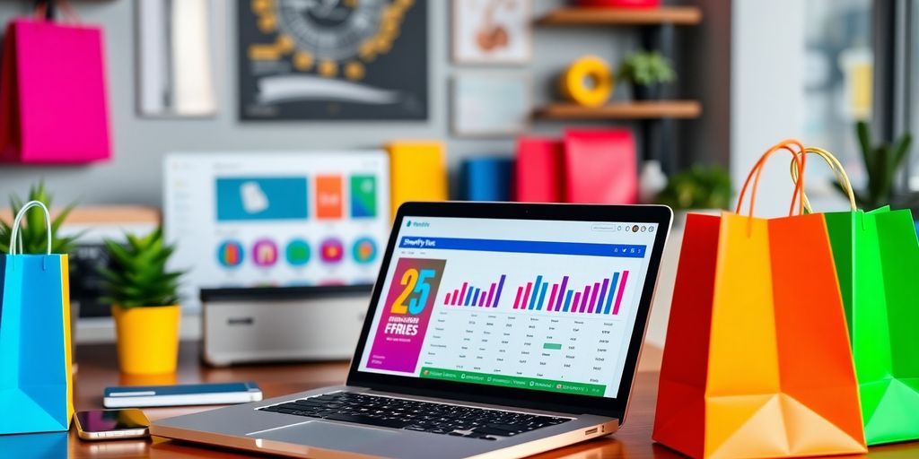 E-commerce workspace with modern technology and shopping bags.