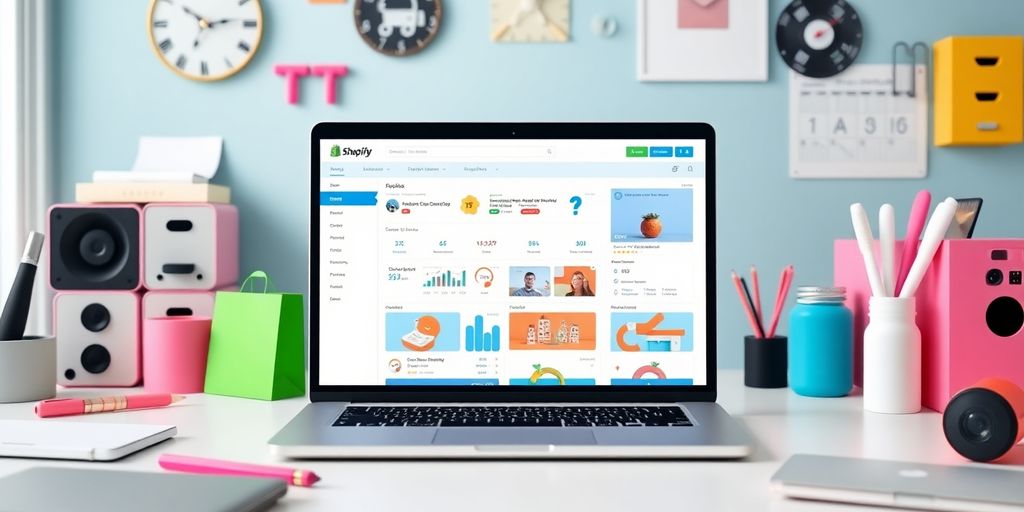 Modern e-commerce workspace with Shopify Plus on laptop.