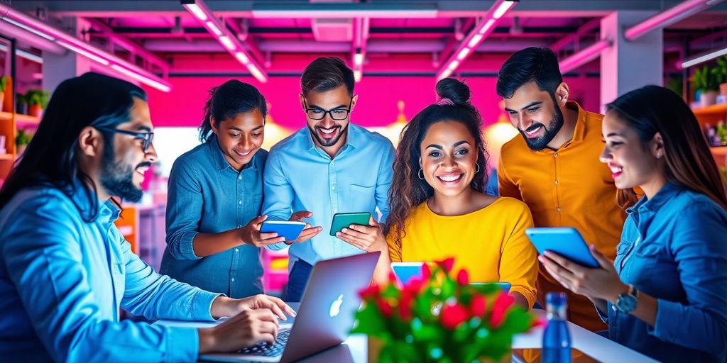 Diverse team collaborating in a vibrant e-commerce workspace.