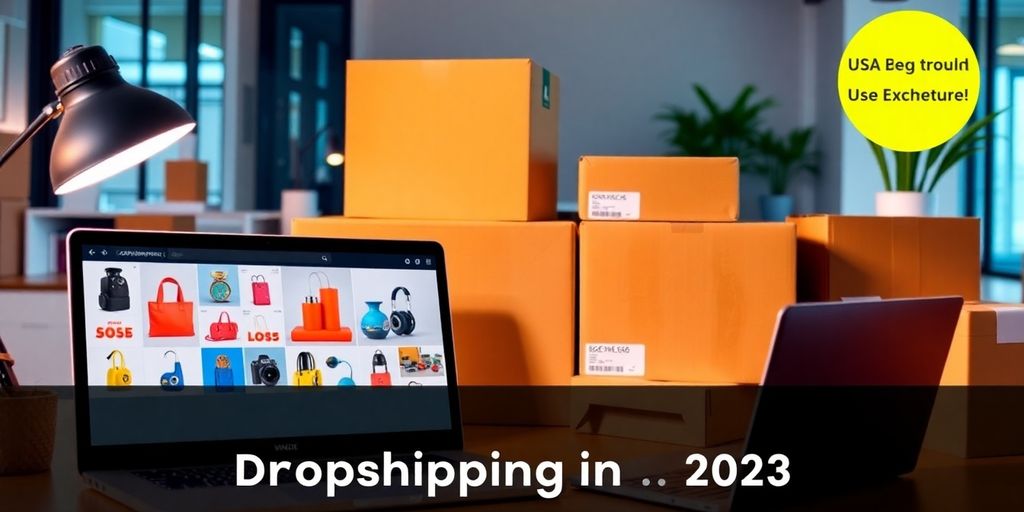 Modern workspace with dropshipping products and shipping boxes.