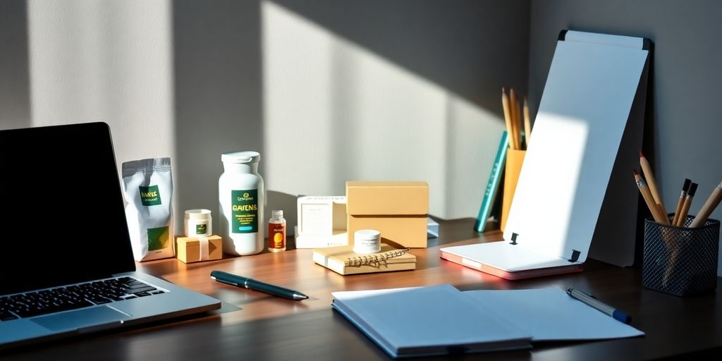 Dropshipping products and workspace essentials in natural light.