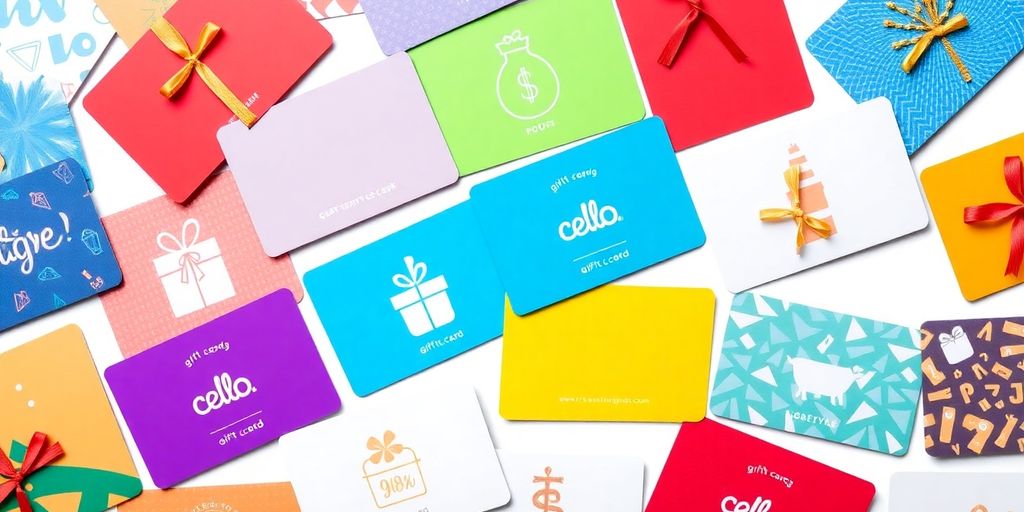 Colorful gift cards arranged neatly on a clean background.