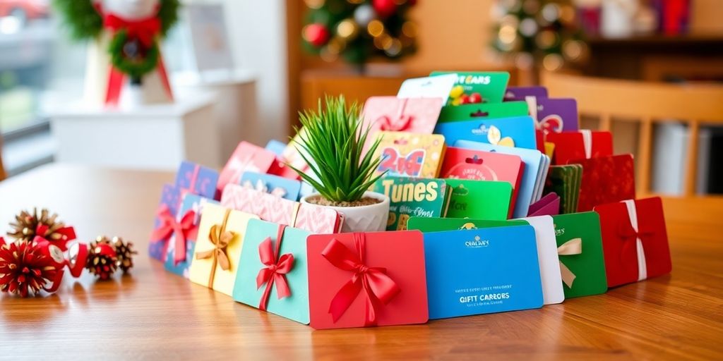 Colorful gift cards on a wooden table with decorations.